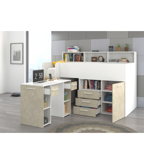 Łóżko z biurkiem Neo L i szufladami Biały/Granada migdał