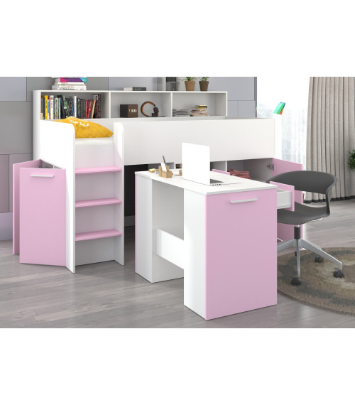 Łóżko z biurkiem Neo L i szufladami Biały/Lawenda