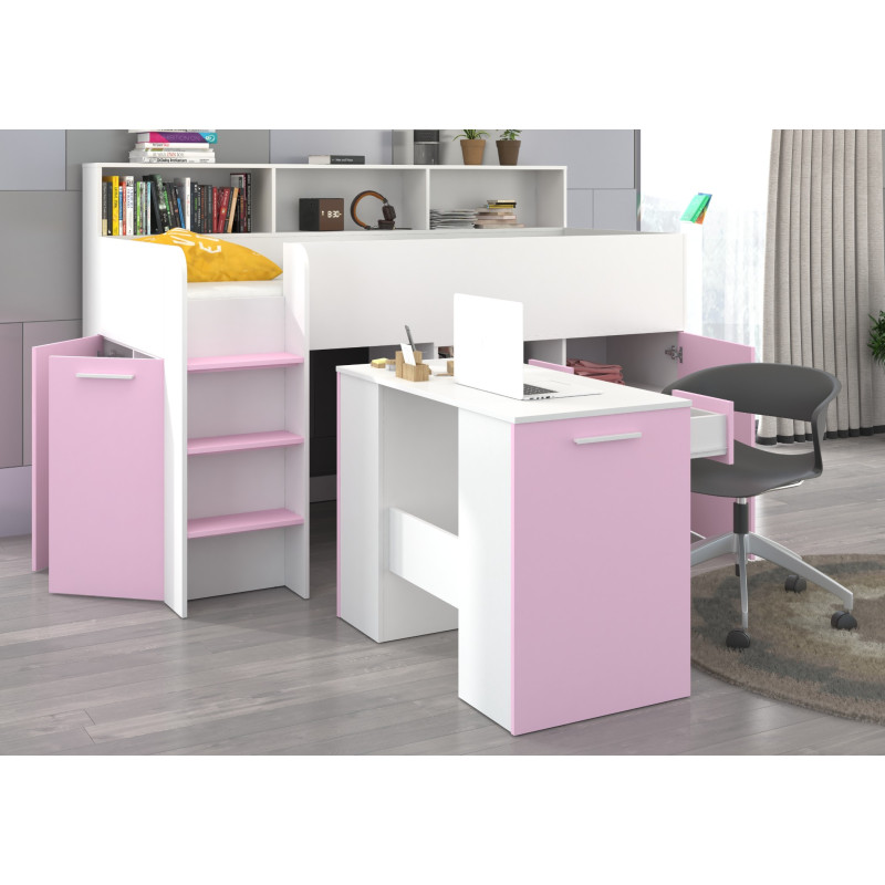 Łóżko z biurkiem Neo L i szufladami Biały/Lawenda
