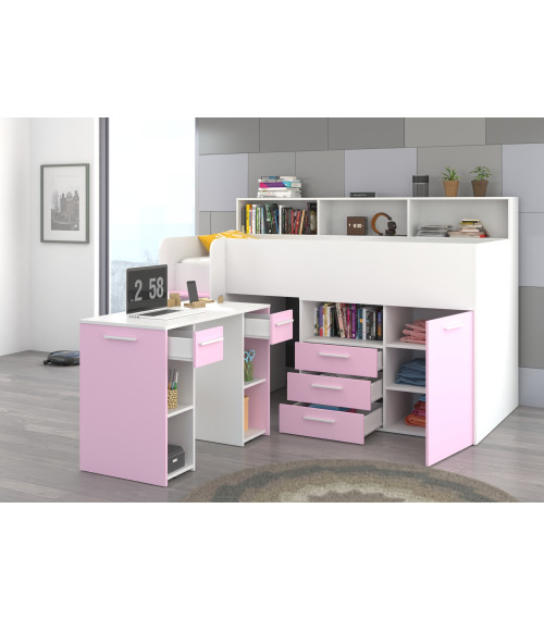 Łóżko z biurkiem Neo L i szufladami Biały/Lawenda