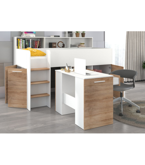 Łóżko z biurkiem Neo L i szufladami Biały/Sonoma jasna