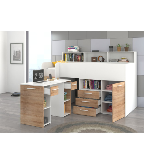 Łóżko z biurkiem Neo L i szufladami Biały/Sonoma jasna