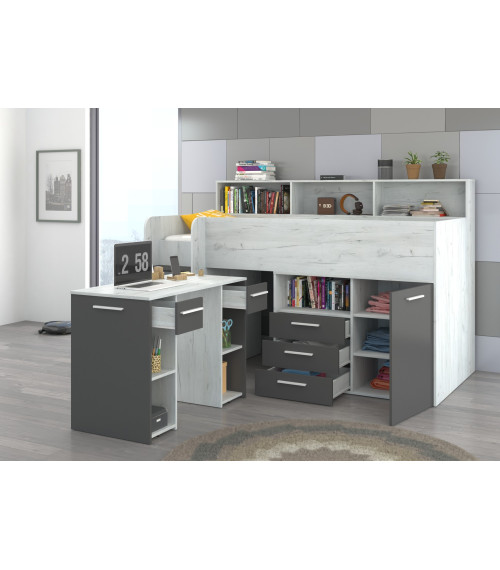 Łóżko z biurkiem Neo L i szufladami Craft biały/Grafit
