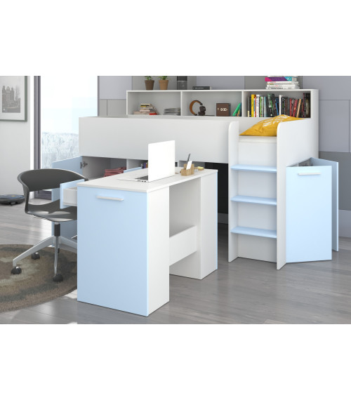 Łóżko z biurkiem Neo P i szufladami Biały/Błękit