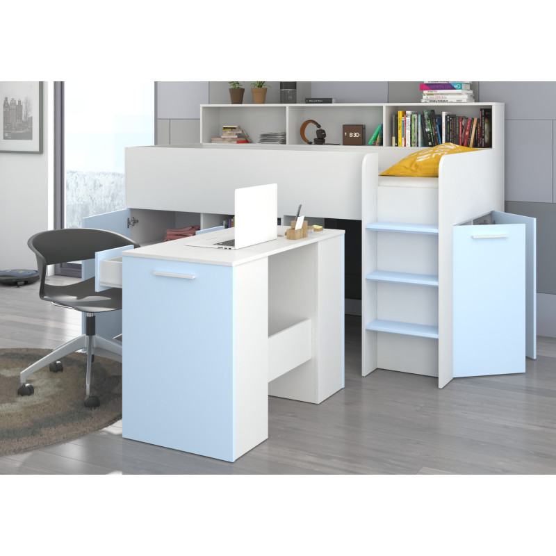 Łóżko z biurkiem Neo P i szufladami Biały/Błękit
