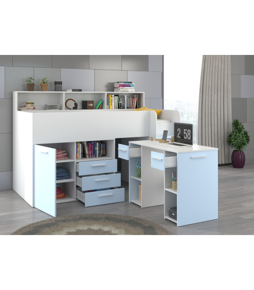 Łóżko z biurkiem Neo P i szufladami Biały/Błękit