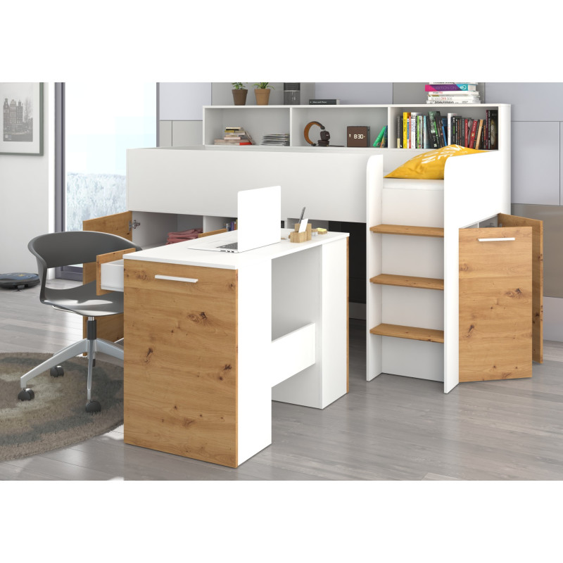 Łóżko z biurkiem Neo P i szufladami Biały/Dąb Artisan