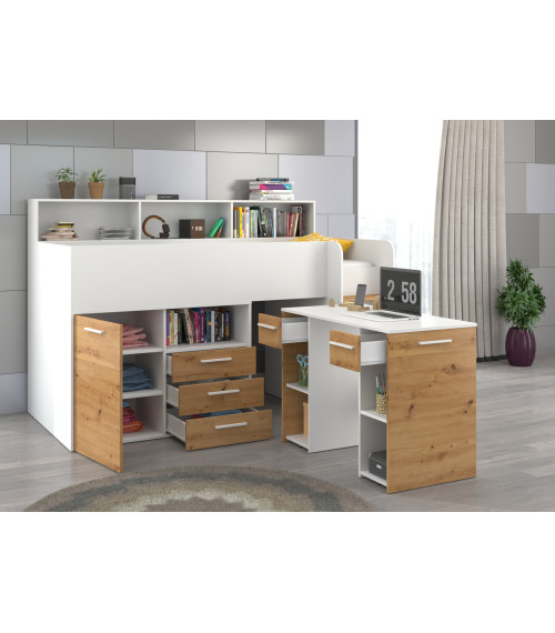 Łóżko z biurkiem Neo P i szufladami Biały/Dąb Artisan