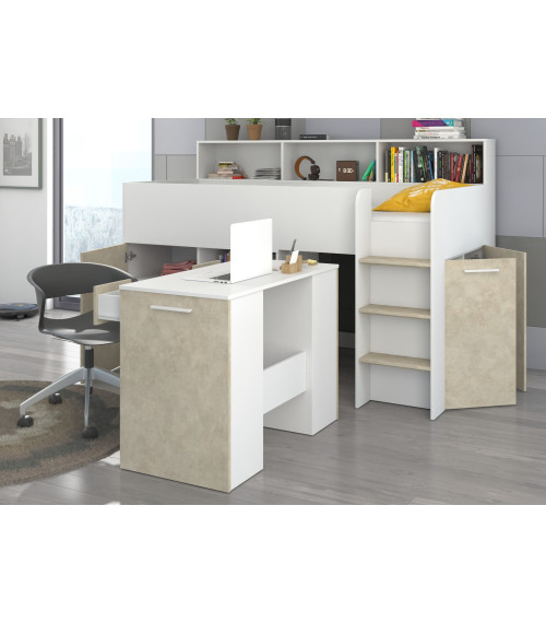 Łóżko z biurkiem Neo P i szufladami Biały/Granada migdał