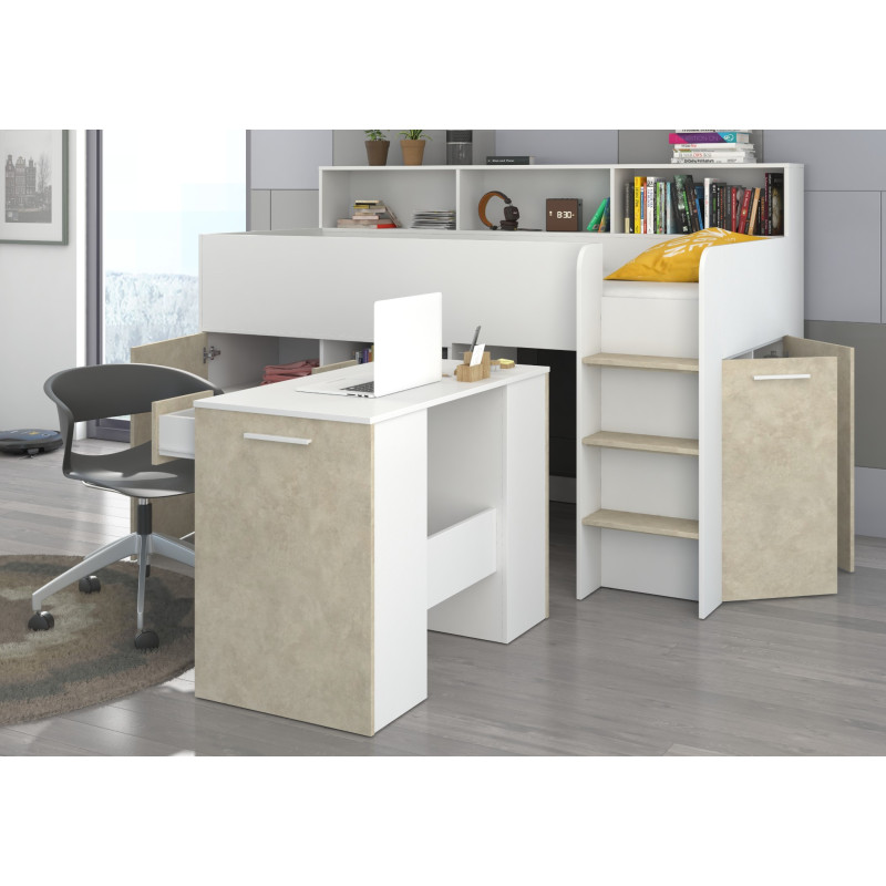 Łóżko z biurkiem Neo P i szufladami Biały/Granada migdał