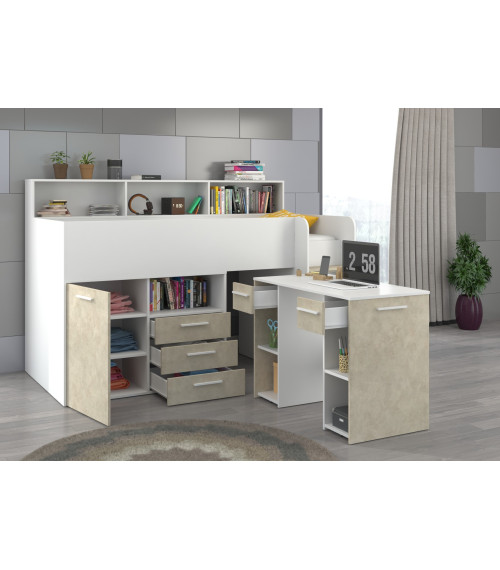 Łóżko z biurkiem Neo P i szufladami Biały/Granada migdał