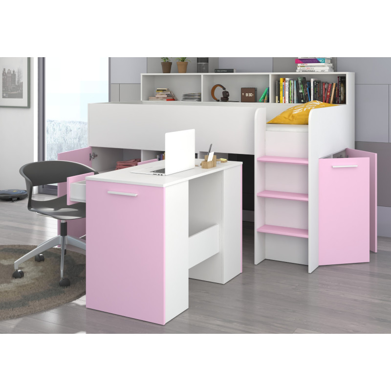 Łóżko z biurkiem Neo P i szufladami Biały/Lawenda