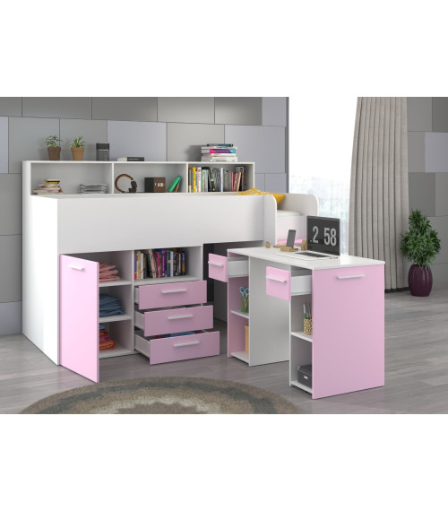 Łóżko z biurkiem Neo P i szufladami Biały/Lawenda
