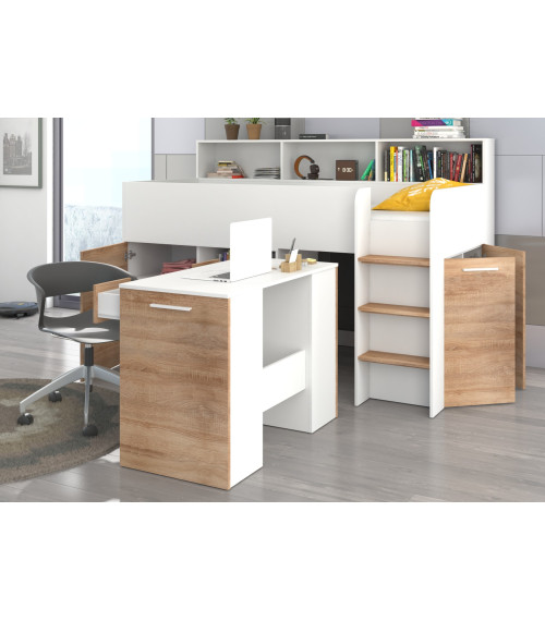 Łóżko z biurkiem Neo P i szufladami Biały/Sonoma jasna
