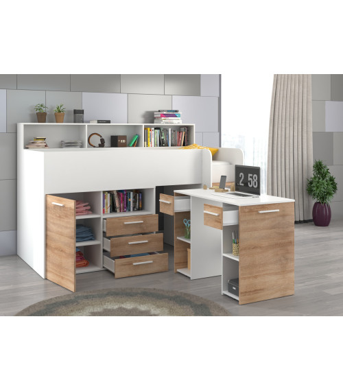 Łóżko z biurkiem Neo P i szufladami Biały/Sonoma jasna