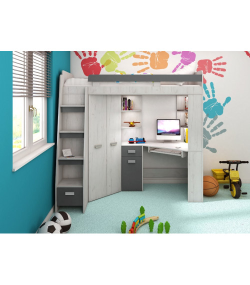 Łóżko piętrowe Antresola L z biurkiem i szafą Craft biały/Grafit