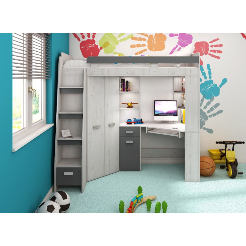 Łóżko piętrowe Antresola L z biurkiem i szafą Craft biały/Grafit