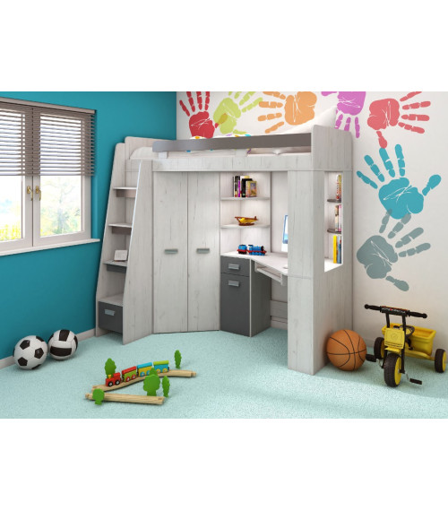 Łóżko piętrowe Antresola L z biurkiem i szafą Craft biały/Grafit