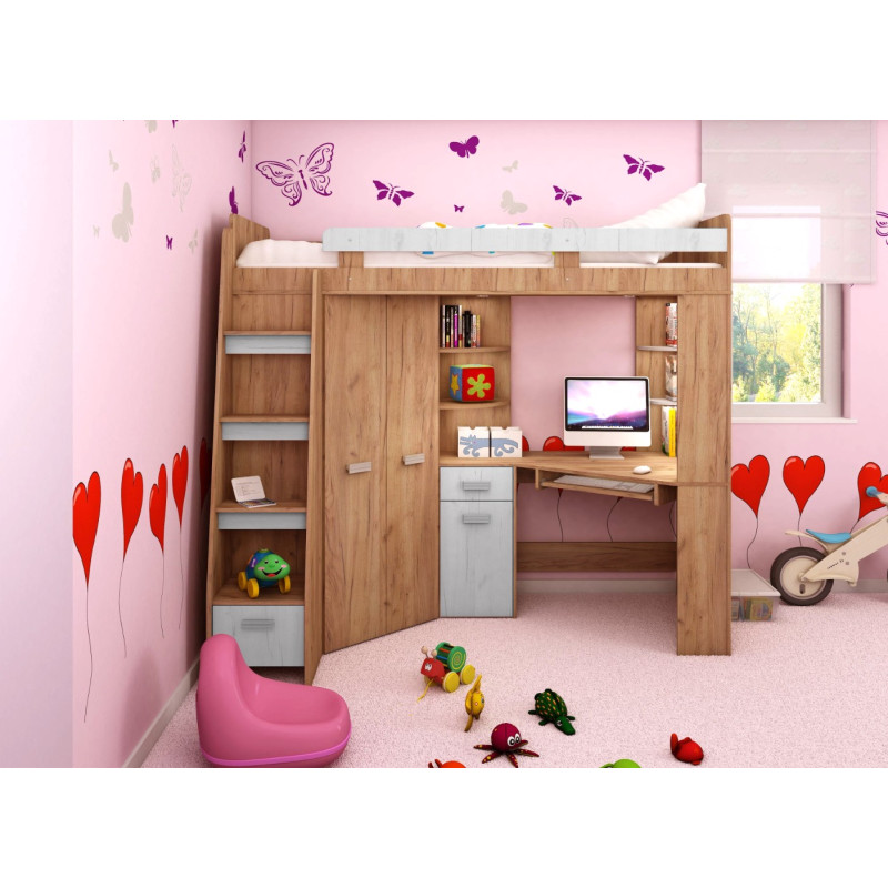 Łóżko piętrowe Antresola L z biurkiem i szafą Craft złoty/Craft biały