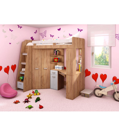 Łóżko piętrowe Antresola L z biurkiem i szafą Craft złoty/Craft biały