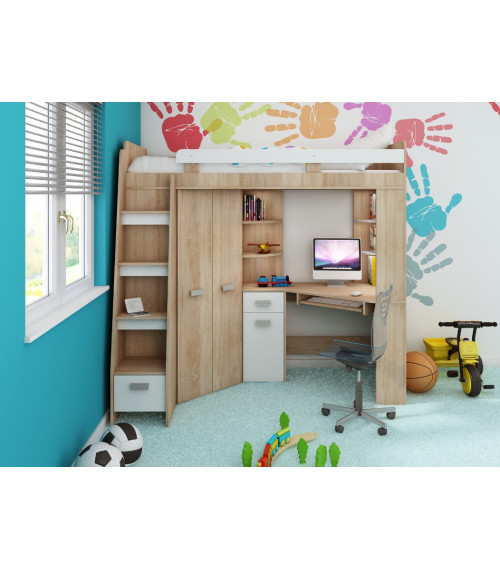 Łóżko piętrowe Antresola L z biurkiem i szafą Sonoma jasna/Biały