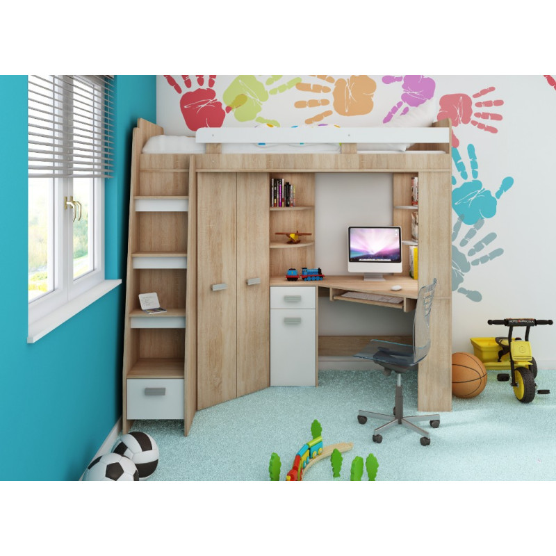 Łóżko piętrowe Antresola L z biurkiem i szafą Sonoma jasna/Biały