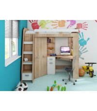 Łóżko piętrowe Antresola L z biurkiem i szafą Sonoma jasna/Biały
