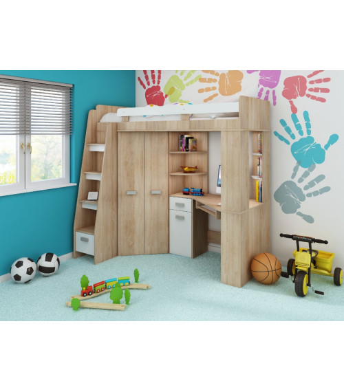 Łóżko piętrowe Antresola L z biurkiem i szafą Sonoma jasna/Biały