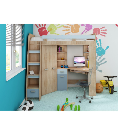 Łóżko piętrowe Antresola L z biurkiem i szafą Sonoma jasna/Błękit/Niebieski