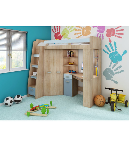 Łóżko piętrowe Antresola L z biurkiem i szafą Sonoma jasna/Błękit/Niebieski
