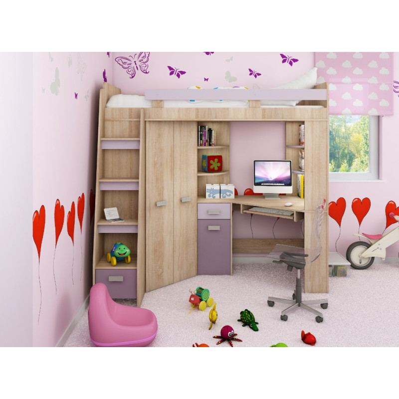 Łóżko piętrowe Antresola L z biurkiem i szafą Sonoma jasna/Lawenda/Fiolet