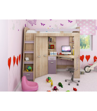 Łóżko piętrowe Antresola L z biurkiem i szafą Sonoma jasna/Lawenda/Fiolet