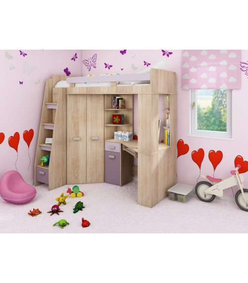 Łóżko piętrowe Antresola L z biurkiem i szafą Sonoma jasna/Lawenda/Fiolet