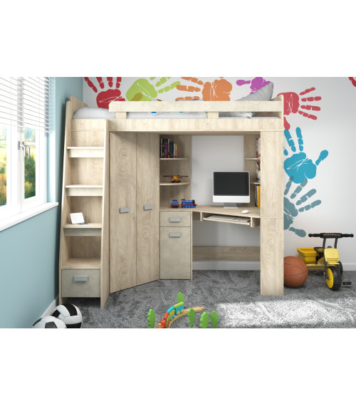 Łóżko piętrowe Antresola L z biurkiem i szafą Dąb Endgrain/granada migdał