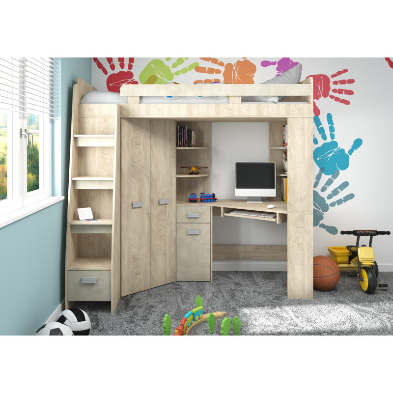 Łóżko piętrowe Antresola L z biurkiem i szafą Dąb Endgrain/granada migdał