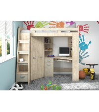 Łóżko piętrowe Antresola L z biurkiem i szafą Dąb Endgrain/granada migdał