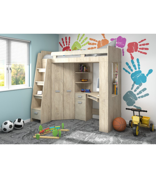 Łóżko piętrowe Antresola L z biurkiem i szafą Dąb Endgrain/granada migdał