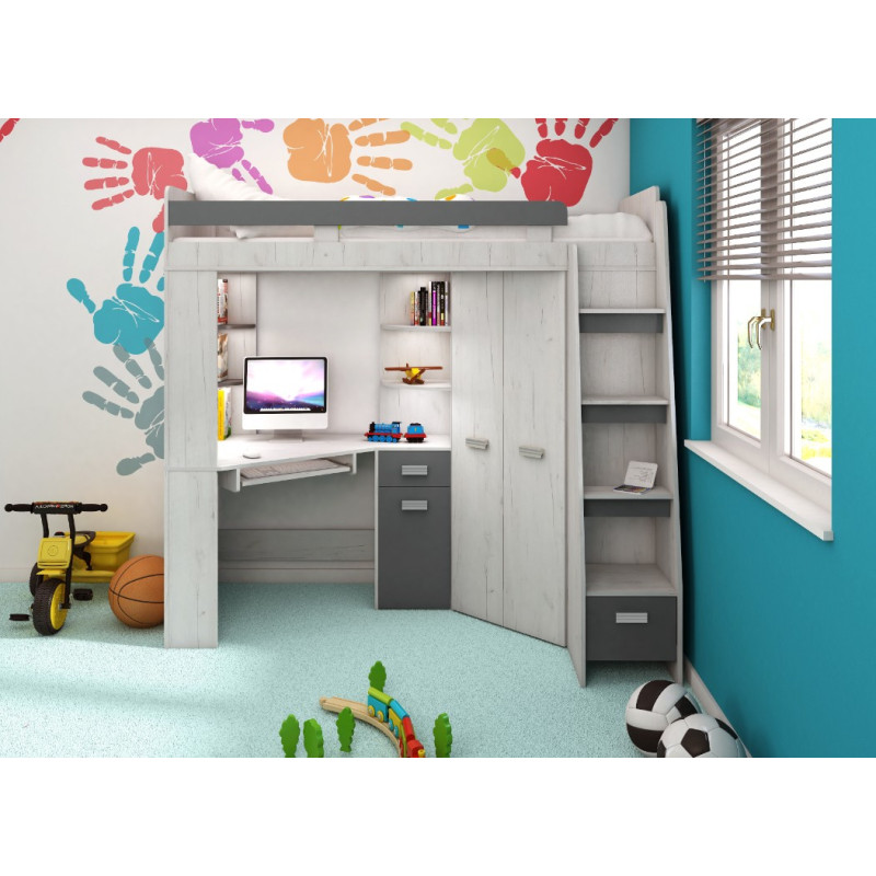 Łóżko piętrowe Antresola P z biurkiem i szafą Craft biały/Grafit