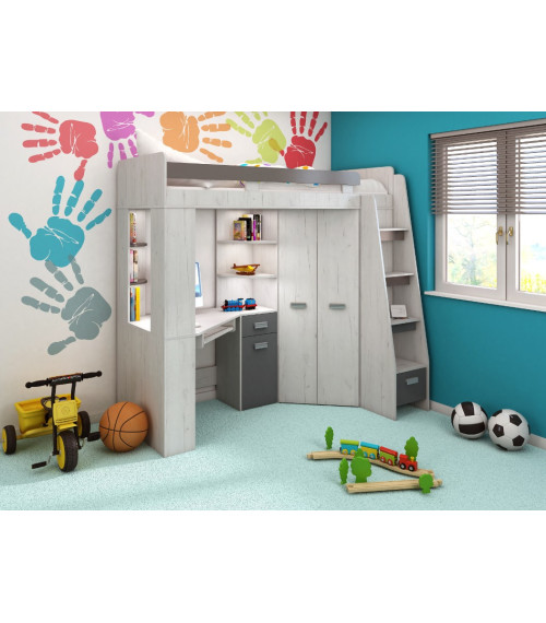 Łóżko piętrowe Antresola P z biurkiem i szafą Craft biały/Grafit