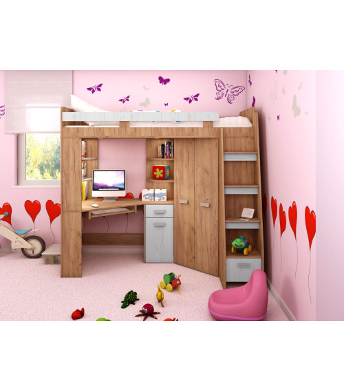 Łóżko piętrowe Antresola P z biurkiem i szafą Craft złoty/Craft biały