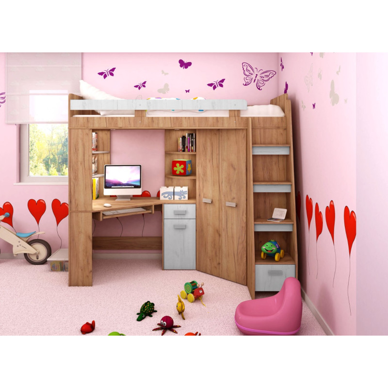 Łóżko piętrowe Antresola P z biurkiem i szafą Craft złoty/Craft biały