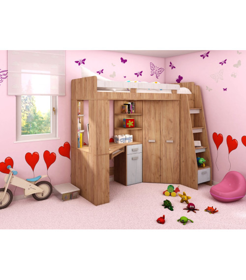 Łóżko piętrowe Antresola P z biurkiem i szafą Craft złoty/Craft biały