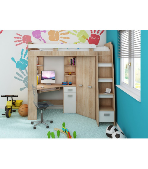 Łóżko piętrowe Antresola P z biurkiem i szafą Sonoma jasna/Biały