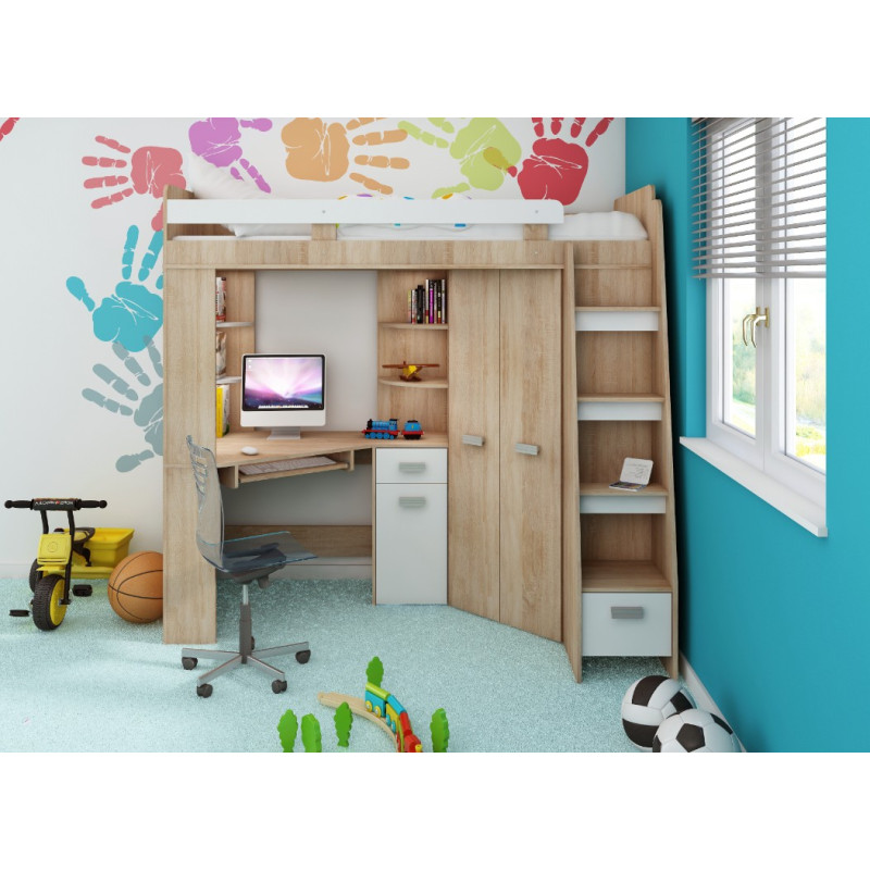 Łóżko piętrowe Antresola P z biurkiem i szafą Sonoma jasna/Biały