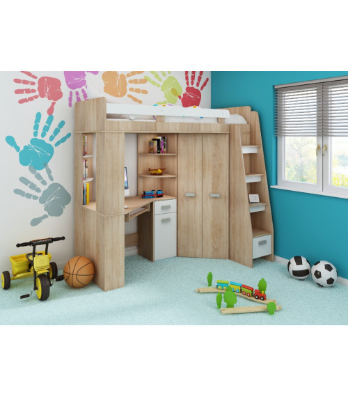 Łóżko piętrowe Antresola P z biurkiem i szafą Sonoma jasna/Biały