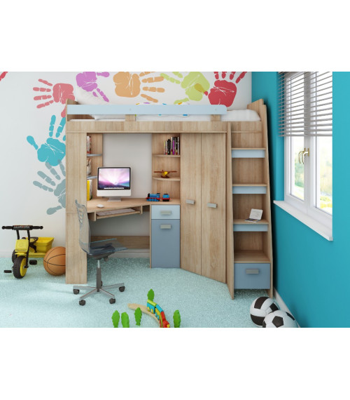 Łóżko piętrowe Antresola P z biurkiem i szafą Sonoma jasna/Błękit/Niebieski