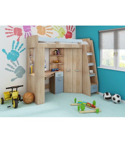 Łóżko piętrowe Antresola P z biurkiem i szafą Sonoma jasna/Błękit/Niebieski