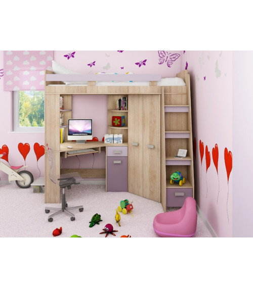 Łóżko piętrowe Antresola P z biurkiem i szafą Sonoma jasna/Lawenda/Fiolet