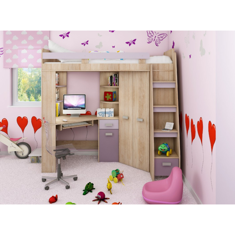 Łóżko piętrowe Antresola P z biurkiem i szafą Sonoma jasna/Lawenda/Fiolet