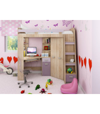 Łóżko piętrowe Antresola P z biurkiem i szafą Sonoma jasna/Lawenda/Fiolet
